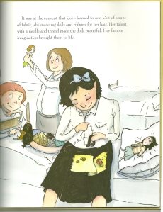 The author's charming illustration of Coco as a child with her sewing.