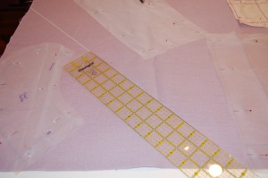 This see-through ruler helped me find a corner from which to cut the bias strips for the piping.